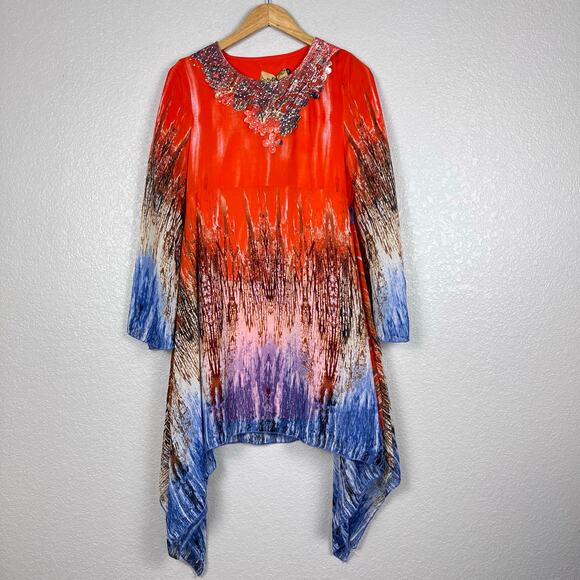 A. B Collection Womens Size Medium Orange Blue Beaded Asymmetric Tunic Blouse - Picture 1 of 8